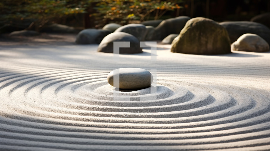 Closeup of a Japanese zen garden with a stone. 