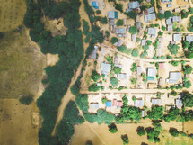 aerial view over rural houses 