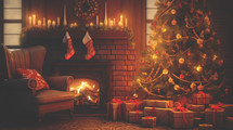 Cozy Christmas with a fireplace, Christmas  tree, chair and presents