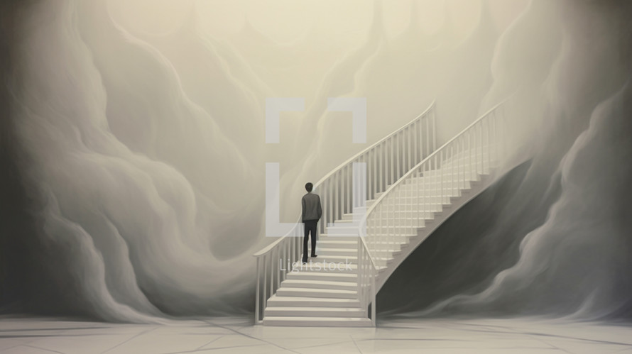 Conceptual image of man walking up stairs into the clouds. 