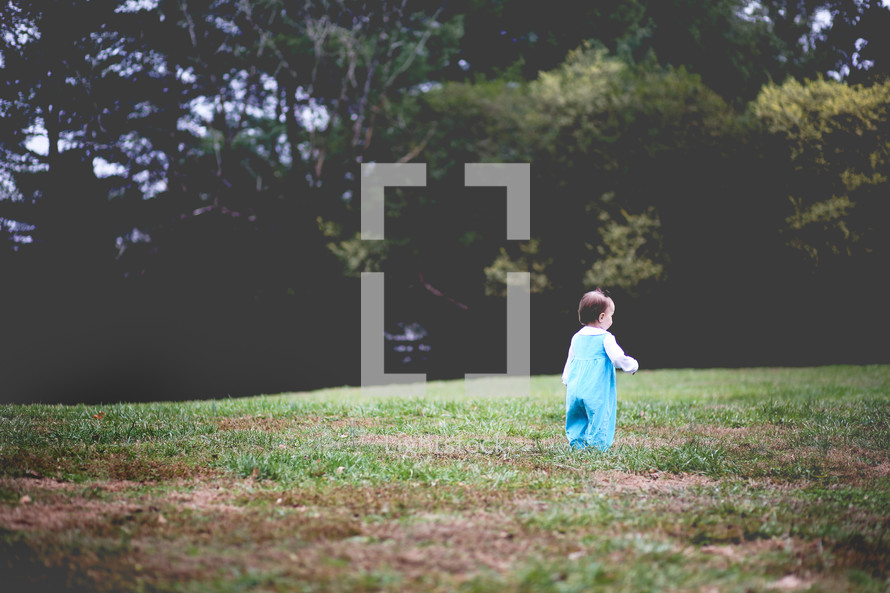 toddler girl walking in grass 