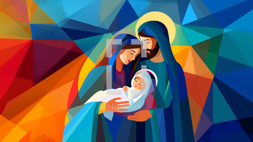 Mary and Jospeh with baby Jesus on a colorful geometric background. 