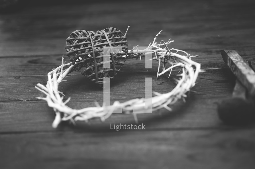 heart, three nail spikes and crown of thorns 