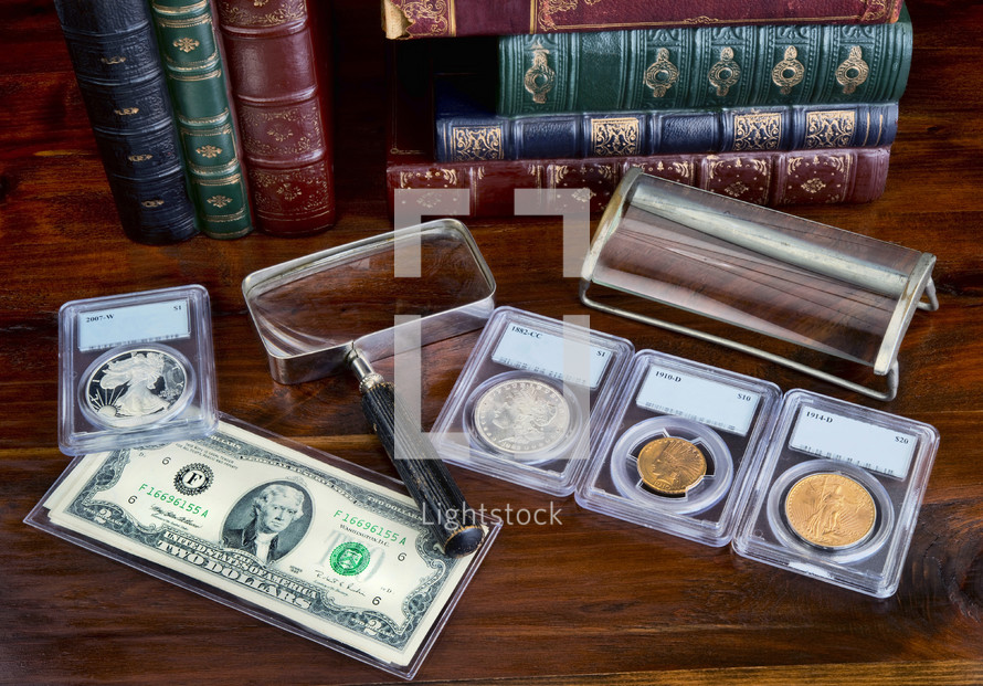 coin collection on a desk 