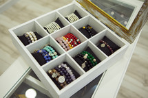 Gemstones handmade Bracelets on Shop-window. Fashion accessories
