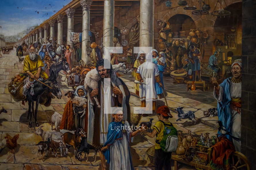 Painting of Jesus in a market 