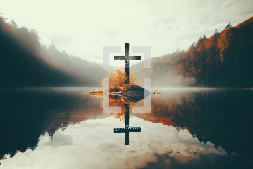 Cross on a background of mountains and lake