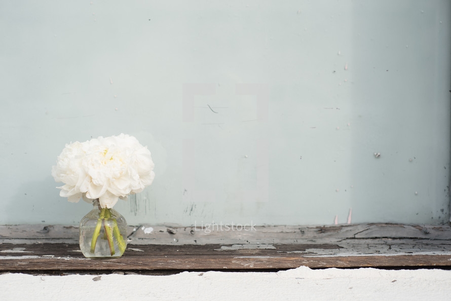 A vase of white flowers on an aged wooden board.