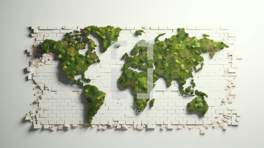 World map made of greenery on a crumbling white brick wall. 
