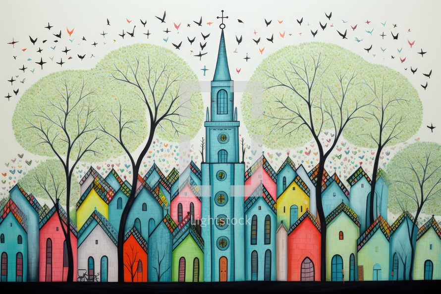 Cute hand drawn illustration of a Church and village with houses, trees and birds