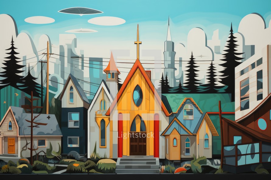 Cartoon city landscape with Church, houses and trees, illustration