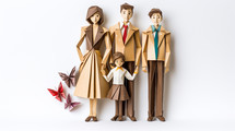 Paper mache origami family with a mom, dad, son, and little girl. 