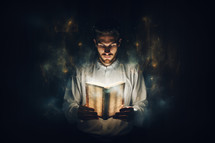 Young man reading the bible in a dark room with lightning and smoke. The power of Faith