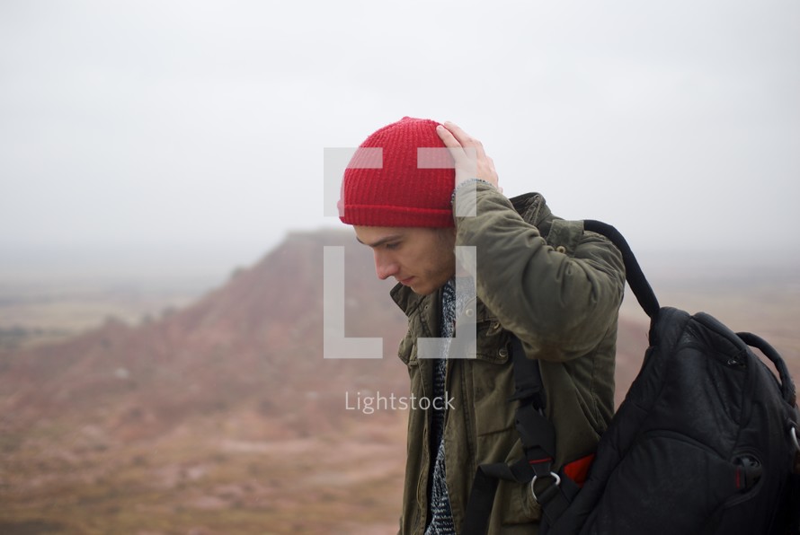 peak, rock, rock formation, red rock, outdoors, man, hiker, wool cap 