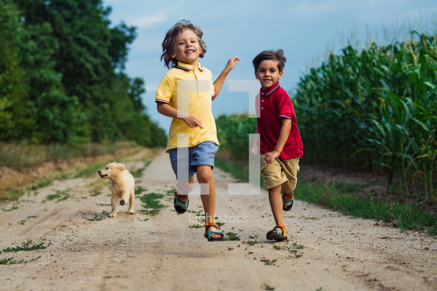 Happy Kids Running Together With Golden Retriever Puppy On Green Nature Background. Smiling Brothers.