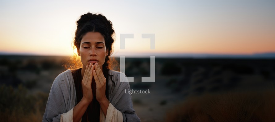 Portrait of a young woman praying in the desert at sunset with copy space