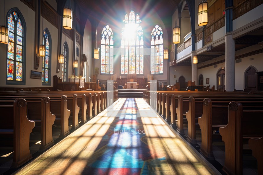 interior of a church with sunlight coming through the window