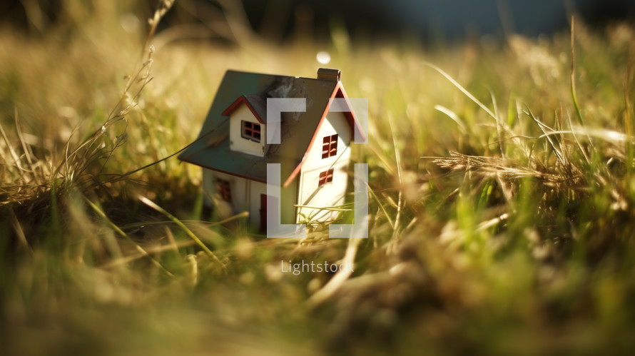 Close up of miniature toy house in the grass. 