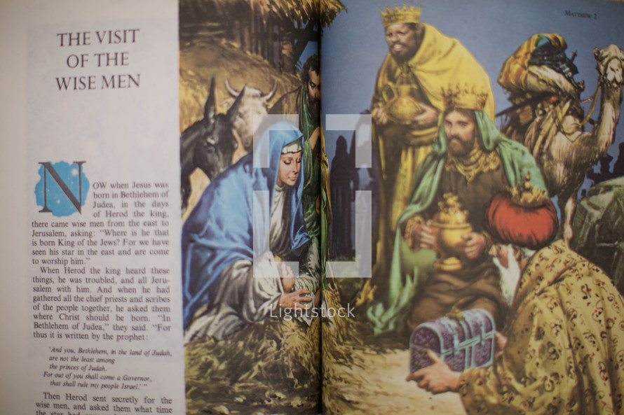 Children''s picture Bible open to the story of "The Visit of the Wise Men."