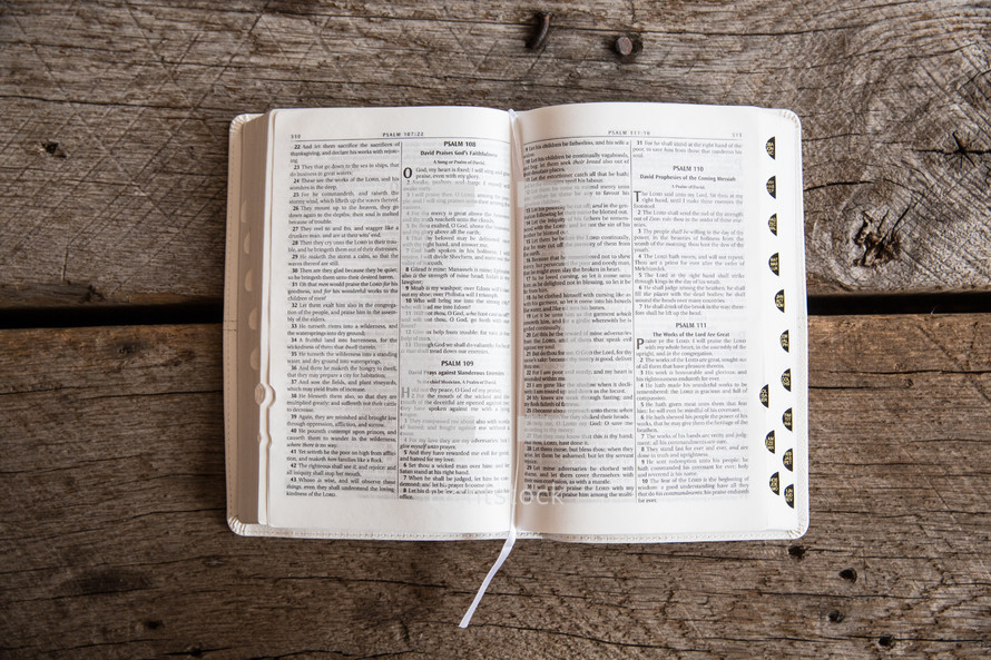 pages of an open Bible on wood 
