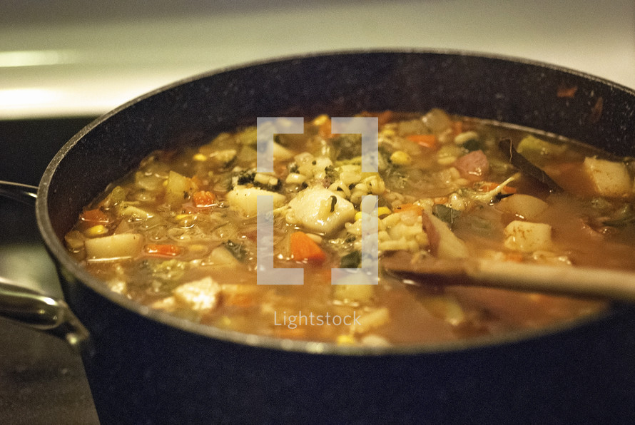 Pot of chicken & vegetable soup on the stove.