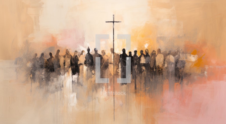 Silhouette of a group of people with a cross in the background