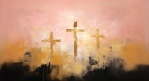 Crosses of Jesus Christ in a foggy day. Easter background.