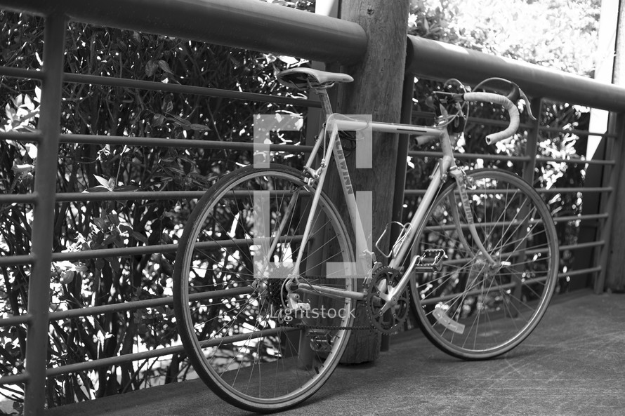 Bicycle leaning on a metal railing.