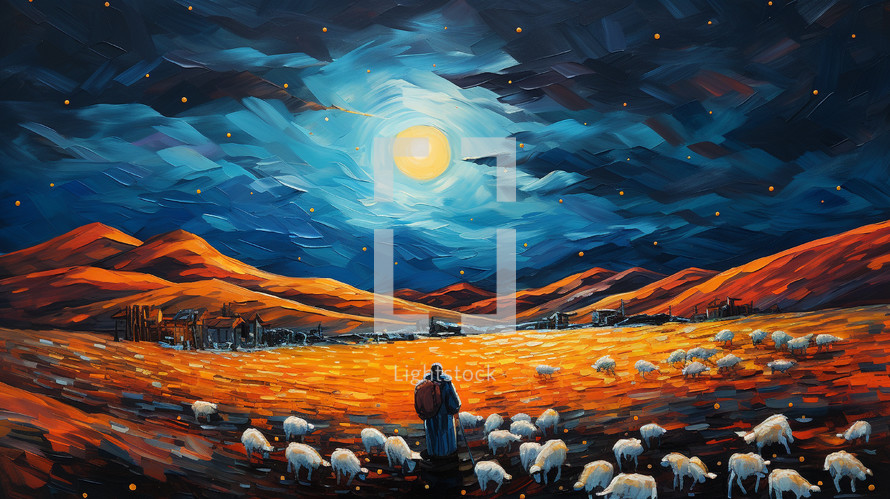 Shepherd in the field seeing the star of Bethlehem. 