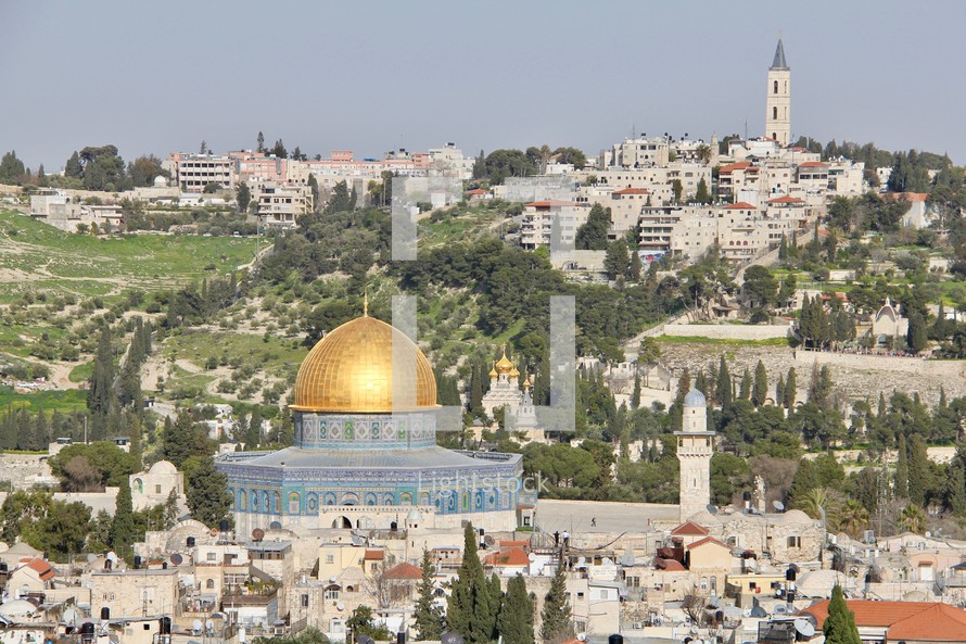 Jerusalem Skyline with Dome of the Rock and Mount of Olives in Background 