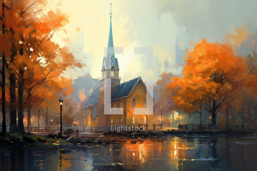Autumn landscape with church on the bank of the river. Digital painting