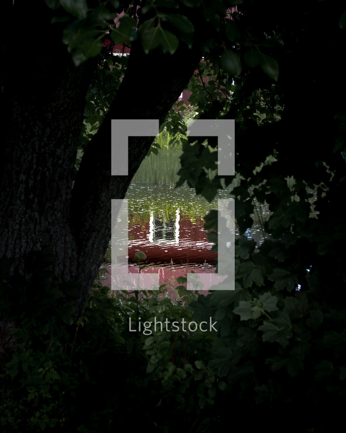 The reflection of a house in a lake, seen between shrubberies.