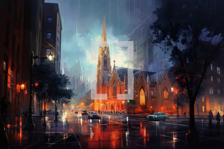 Church in the foggy city street. 3d render illustration.