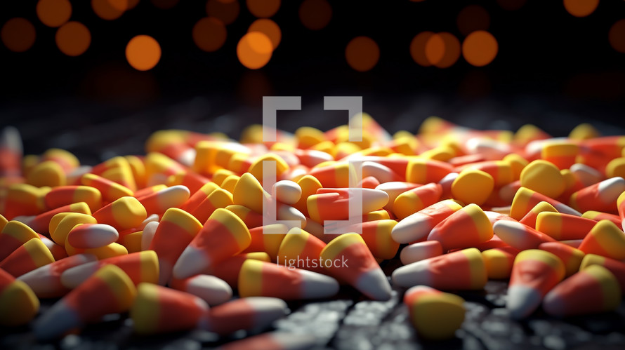 Candy corn background with orange bokeh. 