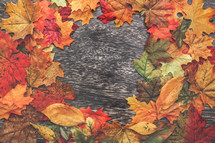 border of fall leaves on wood 