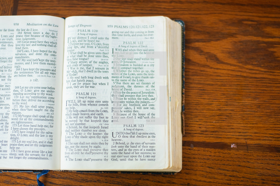 Bible open on a table. 