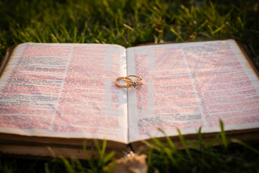 open Bible in the grass with wedding bands 