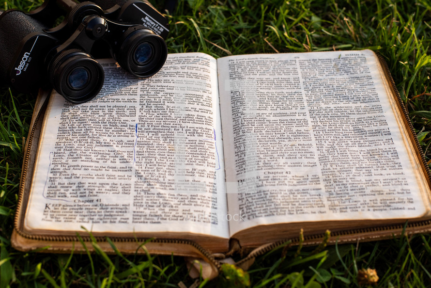 open Bible in the grass with binoculars 