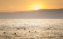 surfers in the water at sunset 