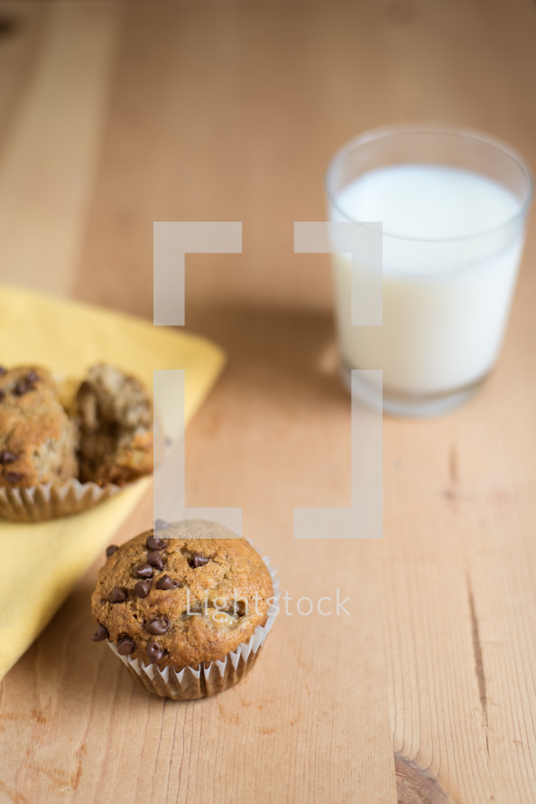 chocolate chip muffins and milk in a glass 