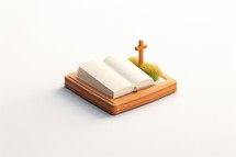 Open bible with wooden cross on white background. 3D illustration.