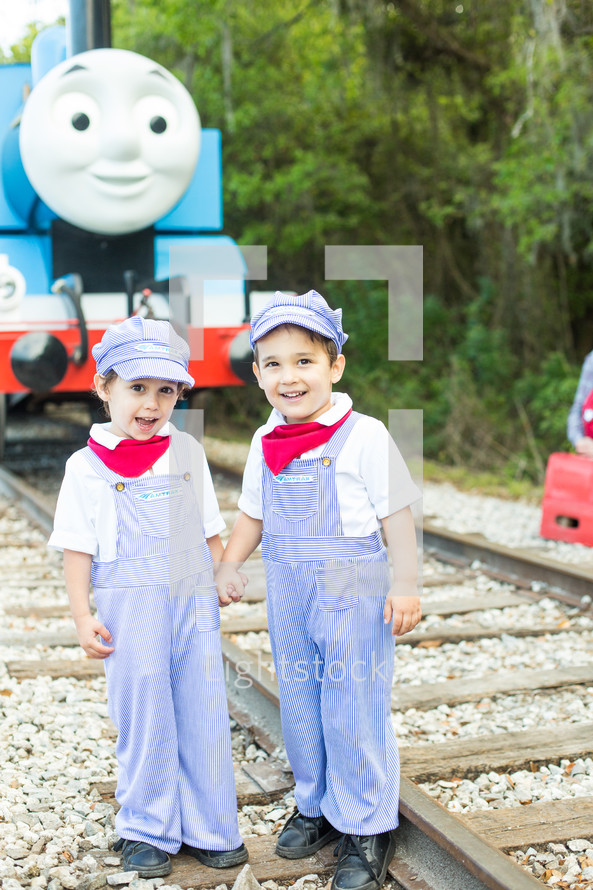 boys in front of Thomas the Train Engine 