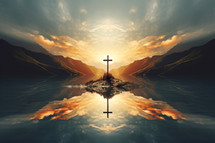 Cross reflected in the water of a mountain lake at sunset