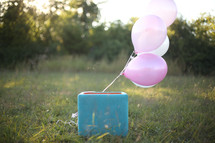 Balloons tied to a box in a field of grass outside.