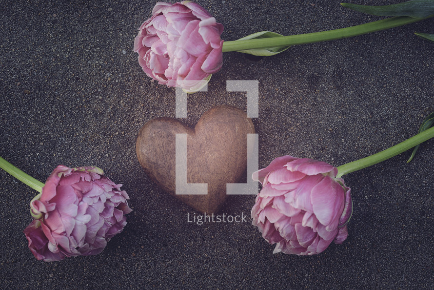 pink peonies and heart shaped stone 