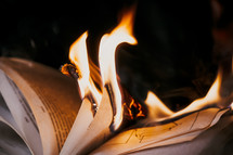Old open book is burning. Big bright flame on papers. Destruction of diary in fireplace. Renunciation of past. Forbidden literature on bonfire. Censorship, prohibition of freedom information