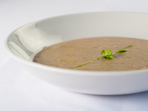 Mushroom cream soup in white bowl