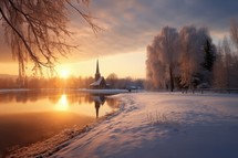 Beautiful winter landscape with church on the shore of the lake at sunset