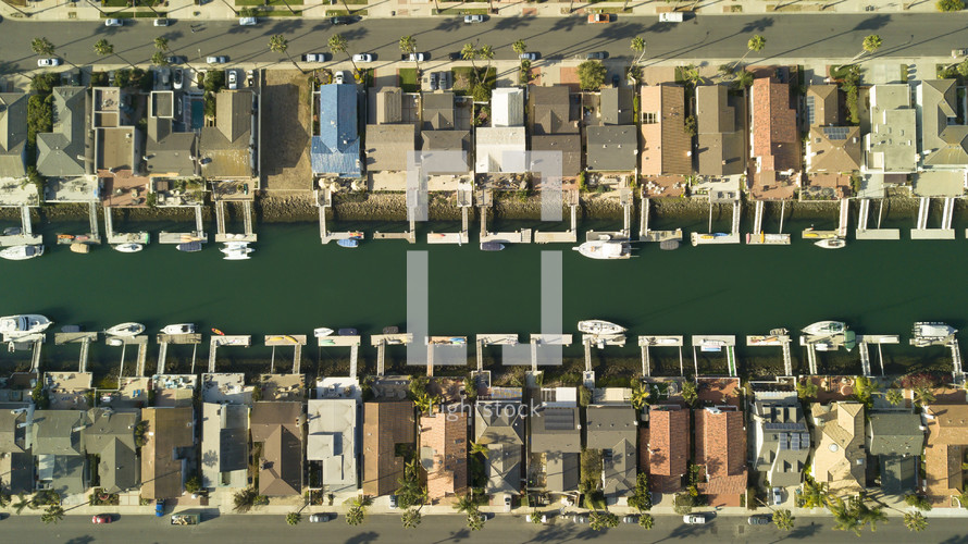 aerial view over homes along a canal in California 