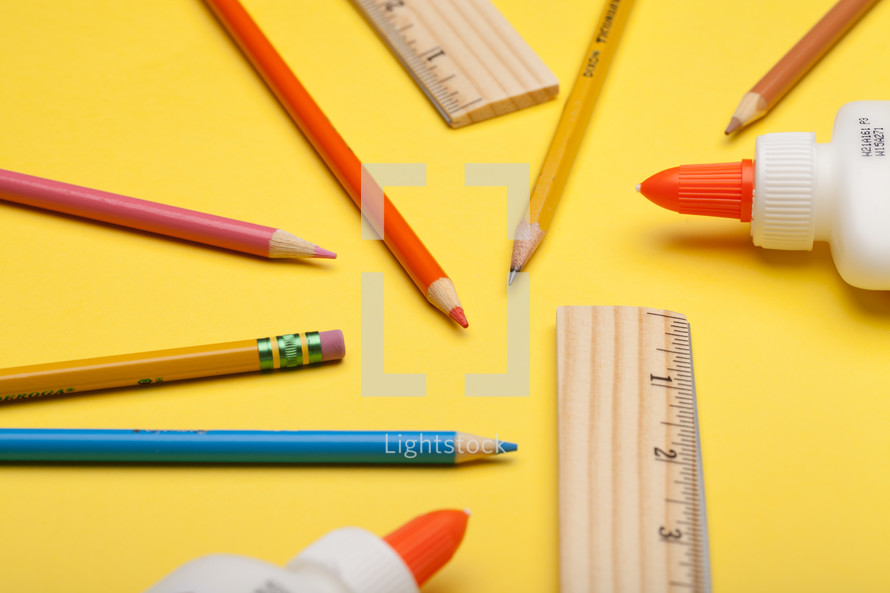 yellow, rulers, pencils, back to school, background, glue, colored pencils
